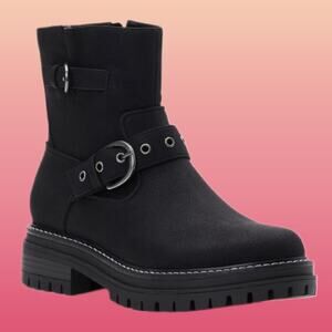 Womens Size 6 Black Calf High Boots with Buckle Detail and Chunky Lug Sole